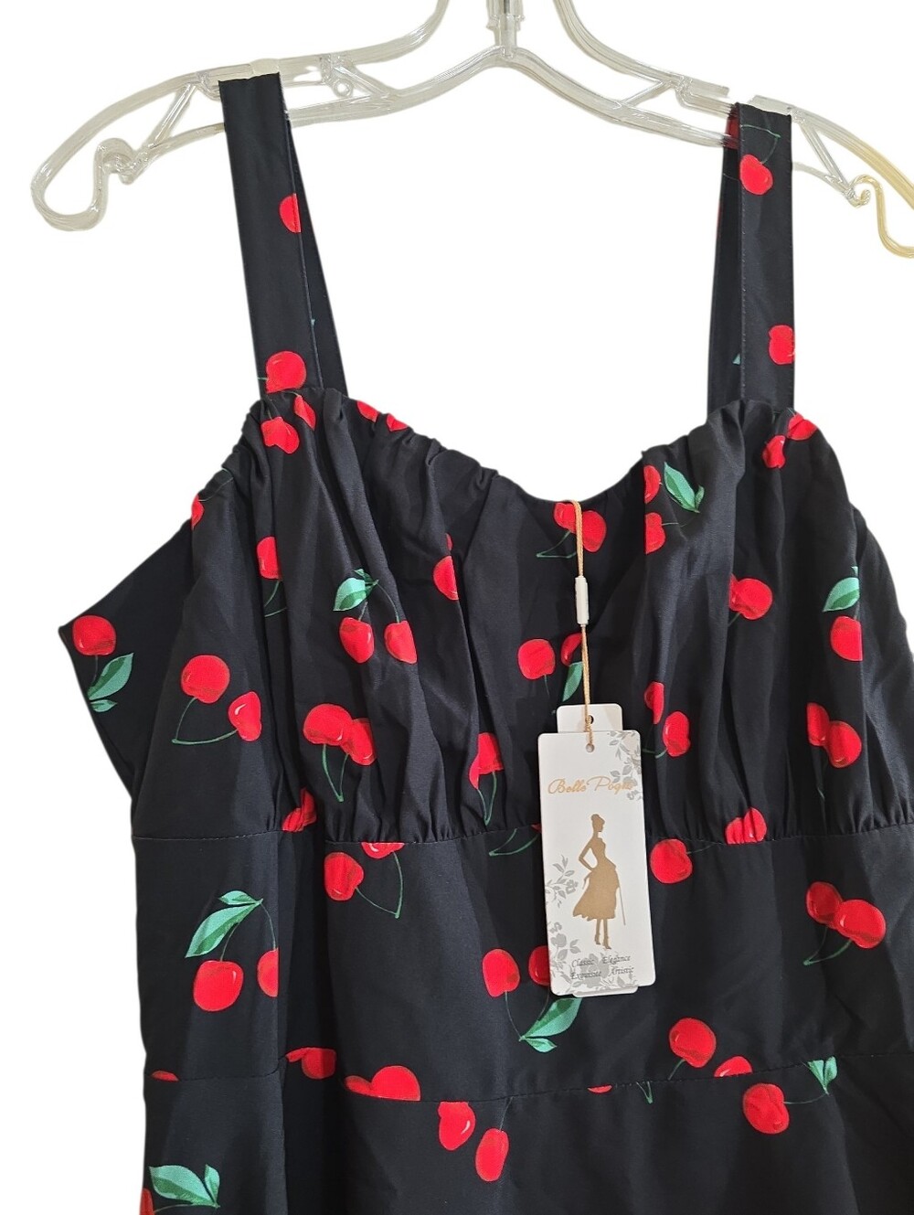 NWT Belle Poque Vintage Inspire Cherry Print Dress Ruched Bodice Flared XL 50s - Picture 3 of 9